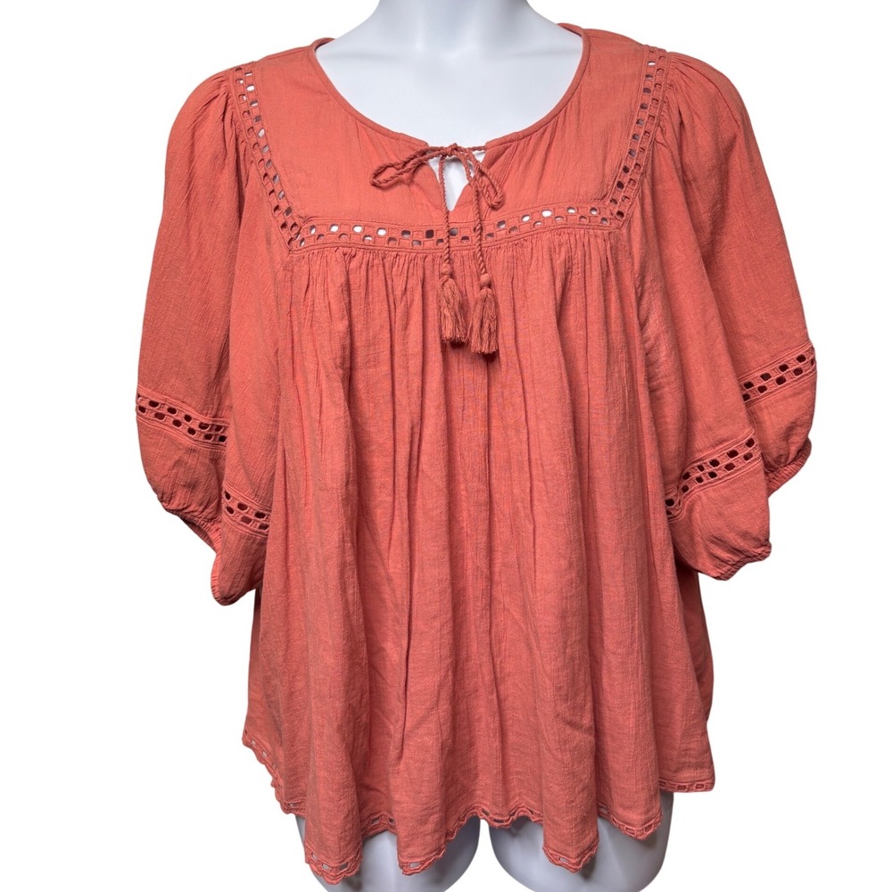 OLD NAVY Womens Coral Eyelet Lace Puff Sleeve Gauze Peasant Blouse XXL Boho-Chic
